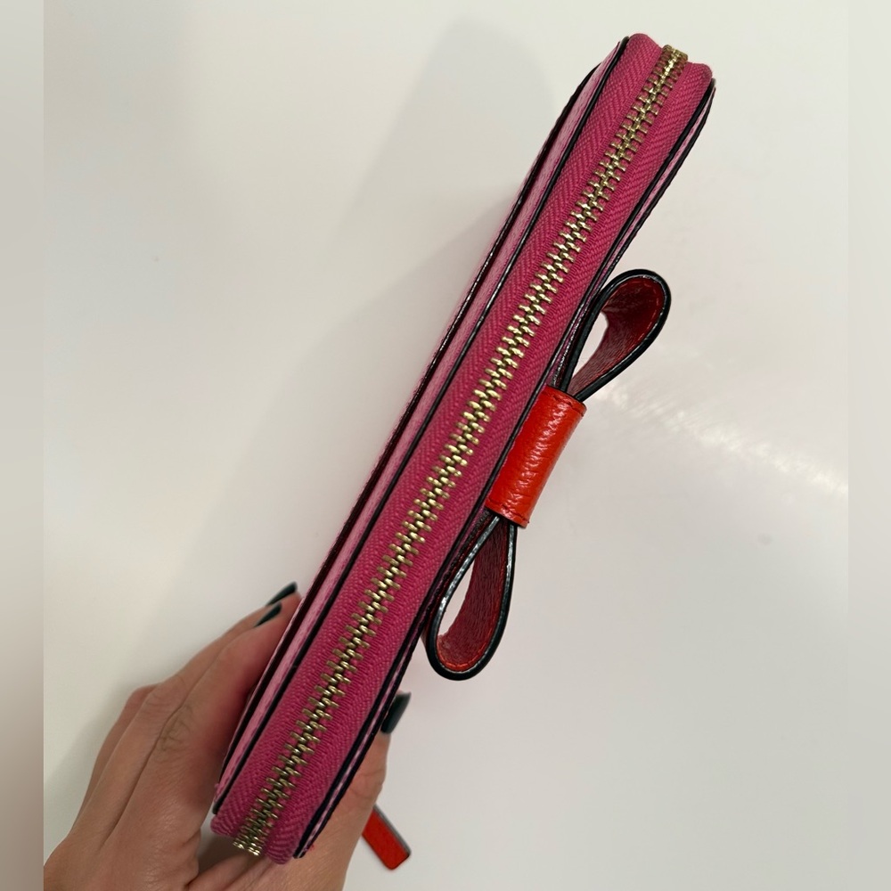 Kate Spade Colorblock Bow Leather Zip-Around Wallet | Bright Pink & Red - Picture 5 of 8